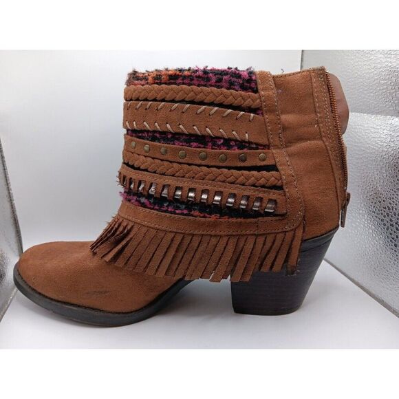 Mudd Boots Womens 11 F Ankle Booties Brown Leather Woven Braided Studded Fringe - Picture 8 of 16